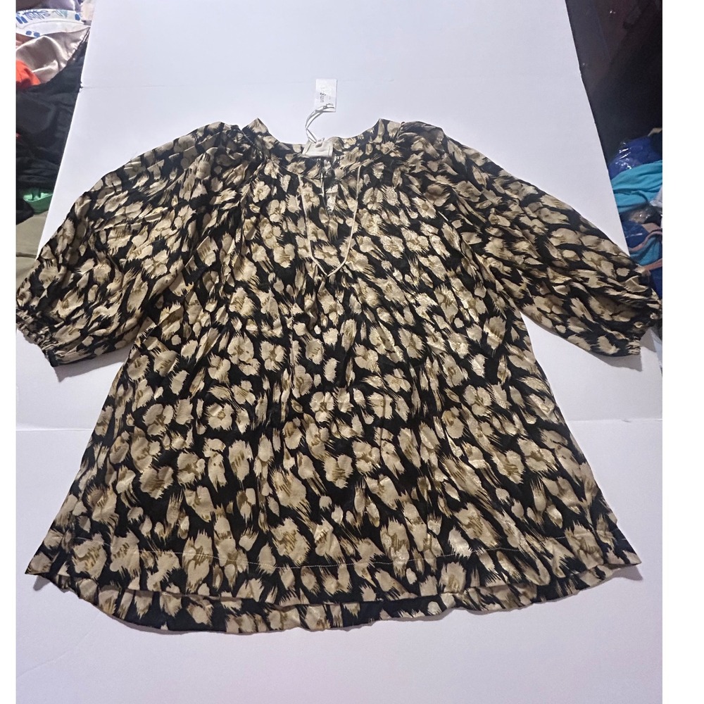 Umgee Womens XL Leopard Print Blouse Black Gold Metallic Balloon Sleeve WK0978